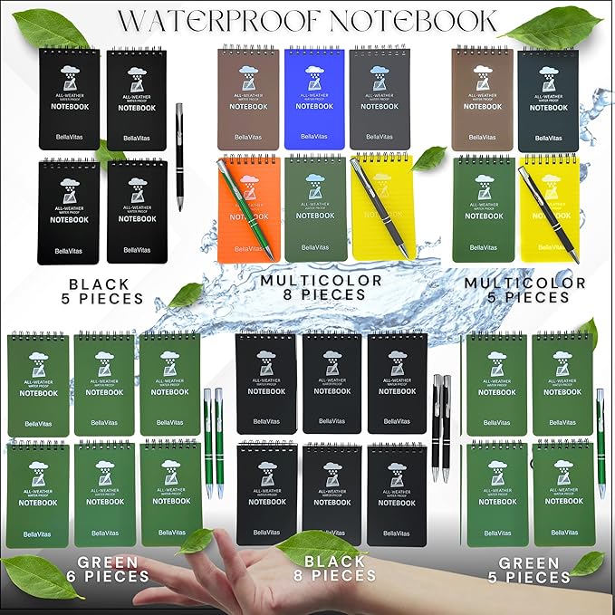 Waterproof 3x5 Notebook Pocket Notebook Small Spiral Notebooks Pocket Notepad Small Notepad 3x5 Pocket Notepad Police Notepad Tactical Notebook and All-Weather pen 6 Pack Black