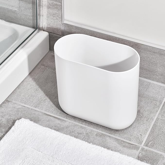 iDesign Small Oval Plastic Bathroom Trash Cans - Ideal for Bathroom, Bedroom, or Office - Set of 2 - White