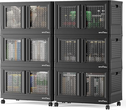 BROVIEW 600 Qt Stackable Storage Bins with Lids & Doors, 6 Pack Plastic Closet Organizer and Storage Drawers with Wheels, Large Collapsible Storage Boxes, Cabinet for Home, Office, V10, Black