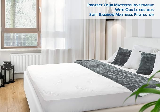 PlushDeluxe Premium Bamboo Mattress Protector – Twin Size, Waterproof, & Ultra Soft Breathable Noiseless Washable Bed Mattress Cover for Comfort & Protection - White