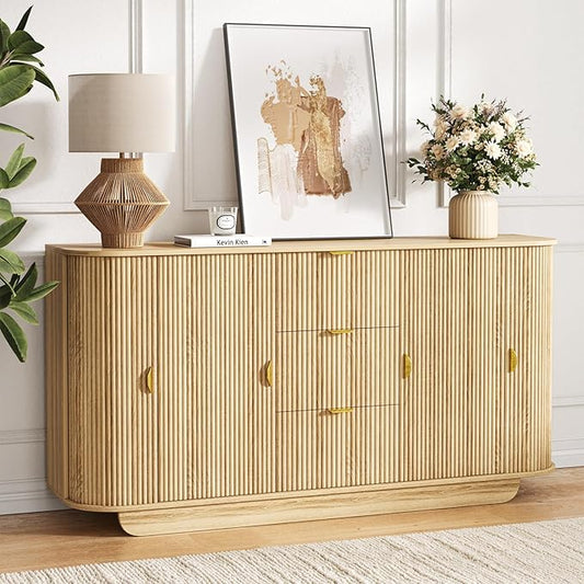 63" Tambour Dresser for Bedroom with 3 Drawers, Modern Chest of Drawers with Sliding Doors & 8 Shelves, Fluted Dresser Storage Organizer for Bedroom, Closet, Living Room(Natural)