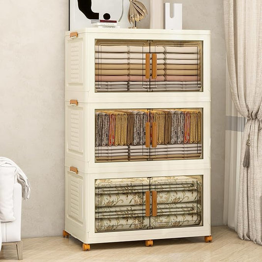 Plastic Stackable Storage Bins with Lids and Wheels, Foldable Closet Organizers and Storage Containers for Bathroom, Collapsible Clear Drawer Storage Cabinet with Doors White 38Gal 3Tiers