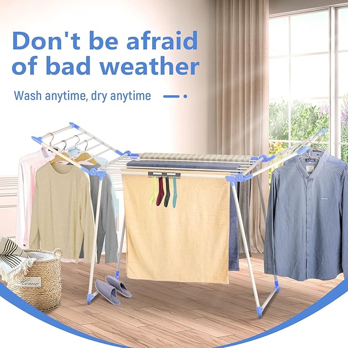 Clothes Drying Rack, Gullwing Laundry Rack, Collapsible, Space-Saving Laundry Rack, with Bonus Sock Clips, for Clothes, Towels, Linens, Indoor/Outdoor, Blue
