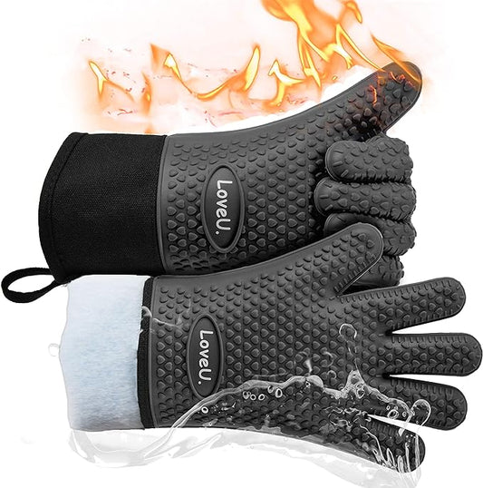 Kitchen Oven Gloves - Dual-Layer Heat Resistant Grilling Gloves, Silicone Oven Mitts with 5 Fingers, Waterproof Non-Slip Pot Holder for Barbecue, Cooking, Baking (Black Long)