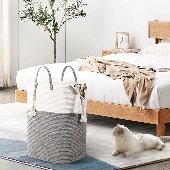 Woven Laundry Basket for Clothes, 80L Large Rectangle Laundry Hampers with Beads Tassel, Nursery Storage Basket for Toys, Tall Dirty Clothes Hamper for Bedroom Aesthetic, Laundry Room Organization