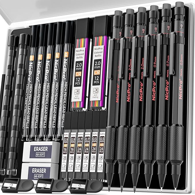 Nicpro Metal Mechanical Pencil Set, 3PCS Art Drafting Pencil 0.5, 0.7, 0.9MM & 2PCS 2MM Mechanical Drawing Pencils with 126 Lead(4B 2B HB 2H 4H Color) Weatherproof Barrel for Writing Sketching Drawing