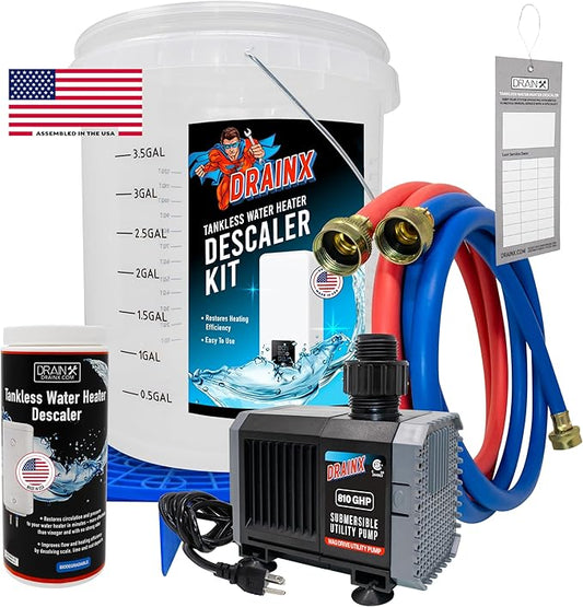 DrainX Tankless Water Heater Flushing Kit with Pump, Hoses, Descaling Powder and Measuring Bucket, All in One Complete Maintenance Solution