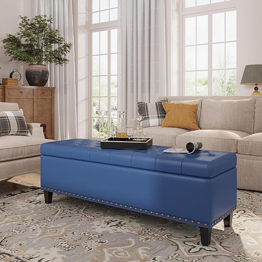 Storage Ottoman Bench, 51-Inch Large Storage Bench for Bedroom End of Bed, 30 Gallons Faux Leather Ottoman with Storage for Bedroom, Living Room, Entryway, Hallway, Blue