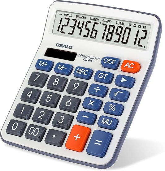 Desktop Calculator Large LCD Display 12 Digit Number Handheld Portable Pocket Basic Calculator with Big Soft Sensitive Button, Battery and Solar Powered, for Office Home School Use(OS-6M)