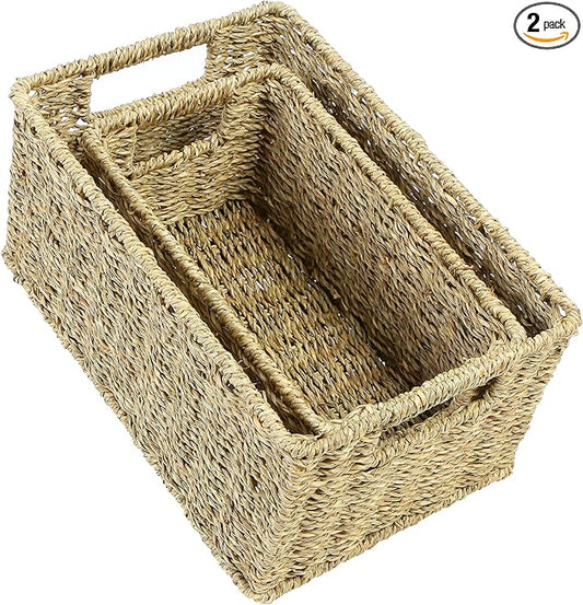 HOONEX Wicker Baskets for Storage, Seagrass Baskets with Dual Handles, Woven Baskets for Shelves, Set of 2, Natural