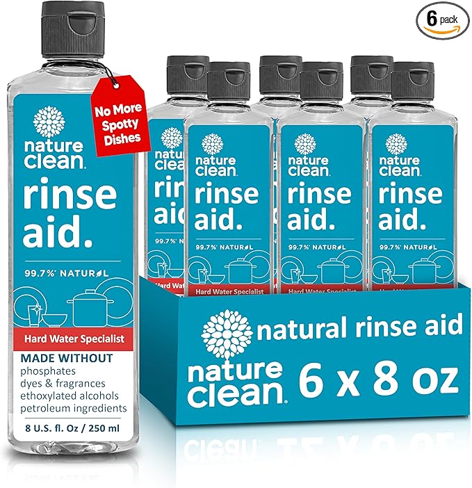Nature Clean All Natural Dishwasher Rinse Aid Cleaner, Liquid Dishwasher Rinse Agent for Spot-Free Glass & Cutlery in Hard Water, Non Toxic Dish Washer Rinse Aid & Stain Remover, 8 oz/250ml, Pack of 6