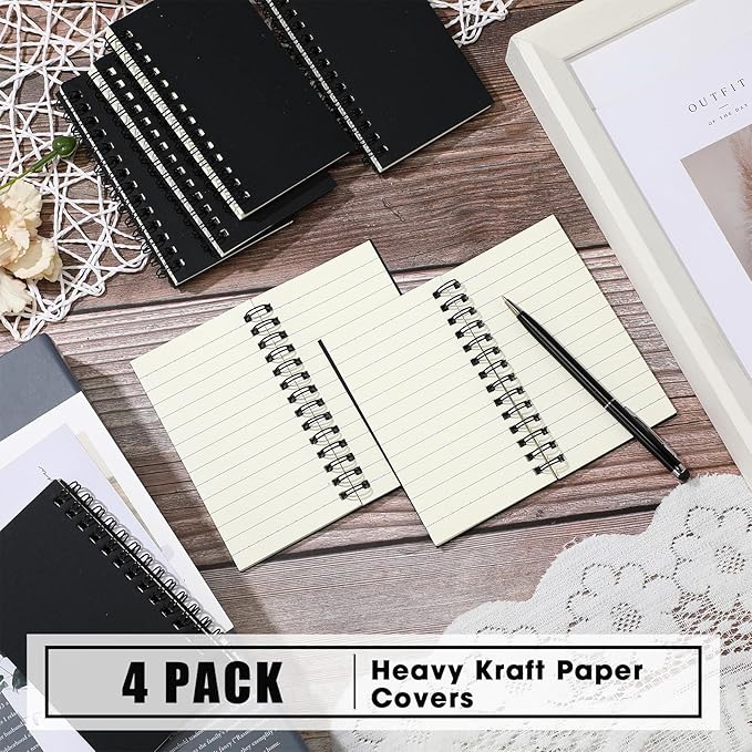 Jutom 4 Pcs Small Spiral Notebooks Memo Pads 3x5 Bulk Small Pocket Notebooks Mini Notepads with Lined Pages Mini Journals for Office Back to School Work Writing Supplies, 120 Pages (Black)