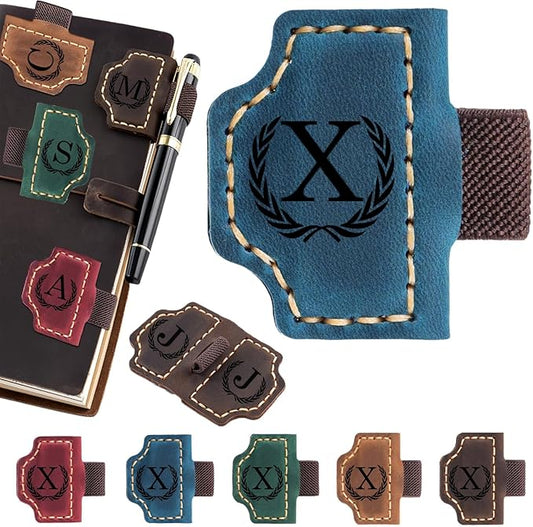 Artlaza Personalized Magnetic Leather Bookmark with Pen Holder - 26 Letters Custom Book Mark with Name Initial Engraved Book Marker for Readers, Book Lovers, Travelers - Gift for Women & Men(Blue，X