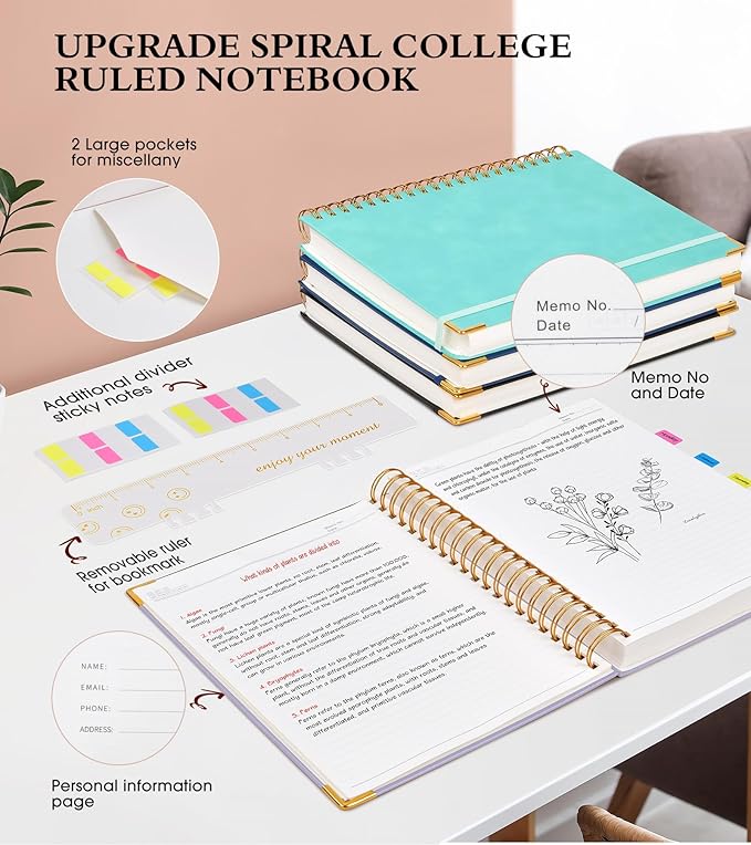 Spiral Notebook Journal 8.5” x 11”, 300 Pages Hardcover Leather Lined Journals for Women Men, A4 Large College Ruled Notebooks with 100 GSM Thick Paper, Spiral Journal for Writing Work School, Purple