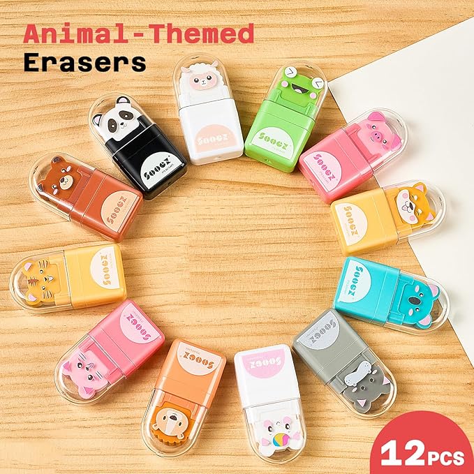 Sooez 12 Pack Pencil Erasers with Clean up Roller, Cute Erasers for Kids, Animal Fun Eraser with Shaving Roller and Cover, for Teacher Class Favor School Supplies Home Office Party