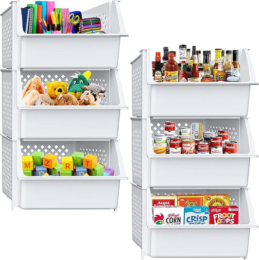 TidyFriend Plastic Stackable Bins for Pantry, 6 Pack Stacking Bins Open Front Kitchen, and Bathroom Organization, Open Front Design (White)