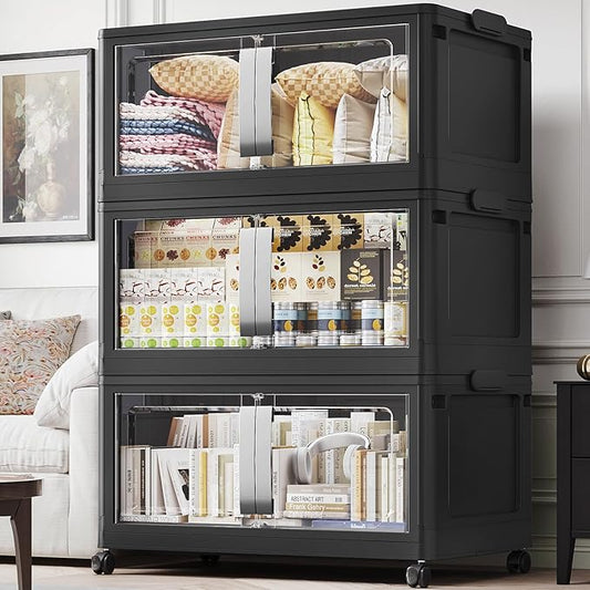 BROVIEW 480QT Stackable Storage Bins with Lids, 120Gal Extra Large Collapsible Storage Box with Wheel, Plastic Storages with Clear Door Open Front for Home Kitchen Garage, Black-3pack(3 lids)