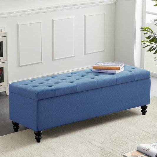 Storage Ottoman 50.2 Inches Upholstered Fabric Storage Ottoman Bench，Button Tufted Ottoman with Storage for Living Room，Bedroom End of Bed Bench Withstands 302lbs (Blue)