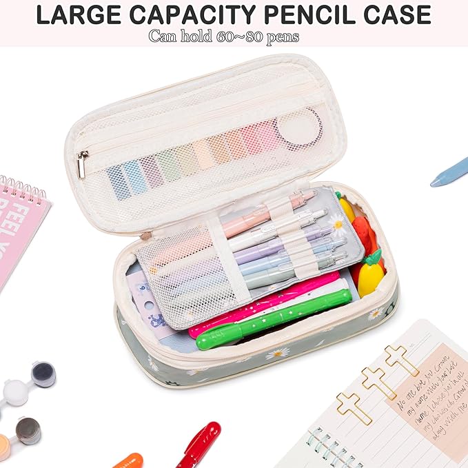 TuErCao Bible Study Supplies Kit - Black Daisies Aesthetic Pencil Pouch Bag, 75 Durable Tabs, 12 Smooth Crayon Highlighters, 16 Gel Pens, Notebook, Notes -Bible Journaling Study Tools