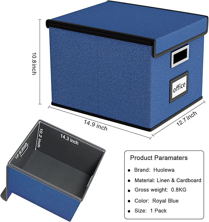 Huolewa Decorative File Organizer Box Office Document Storage with Lid, Portable Collapsible Linen Hanging Filing & Storage Boxes for Office/Decor/Home (Royal Blue) - 14.9 x 12.7 x 10.8 inch - 1Pack