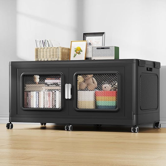 BROVIEW 300 Qt Stackable Storage Bin with Lid, 75Gal Extra Large Collapsible Storage Boxes, Folding Plastic Drawer, Heavy-Duty Store Cabinet, Closet Organizer for Home Kitchen, 1 Pack Black