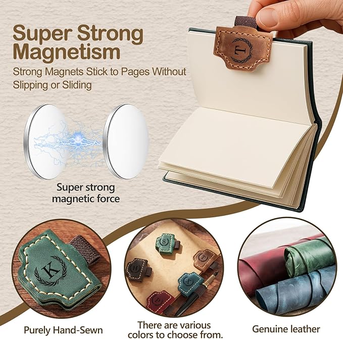 Personalized Magnetic Leather Bookmark with Pen Holder - 26 Letters Custom Book Mark with Name Initial Engraved Book Marker for Readers, Book Lovers, Travelers - Gift for Women & Men(Light Brown，N
