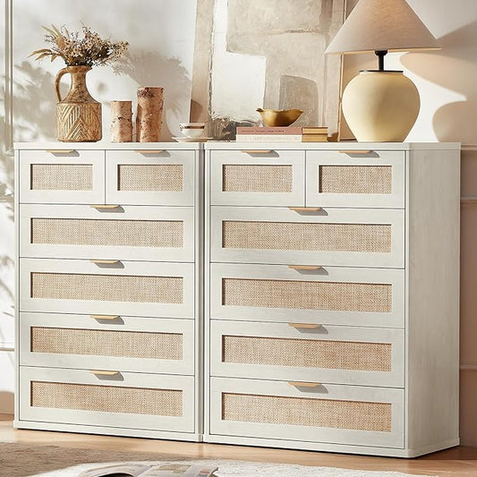 LEYAOYAO White Dresser for Bedroom Set of 2, 42" Tall Chest of Drawers, Modern 6 Drawers Boho Rattan Dressers with Storage, Dresser Wooden Closet Organizer for Living Room, Hallway