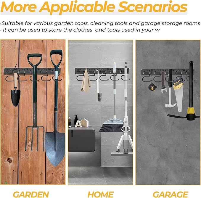 34 Inch Garden Tool Organizer Wall Mount with Non Slip Rubber Coated Metal Hooks, Storage Rack for Indoor/Outdoor Shovel, Rake, Mop and Broom Holder Wall Mount （ 10 Hooks+10 Holders