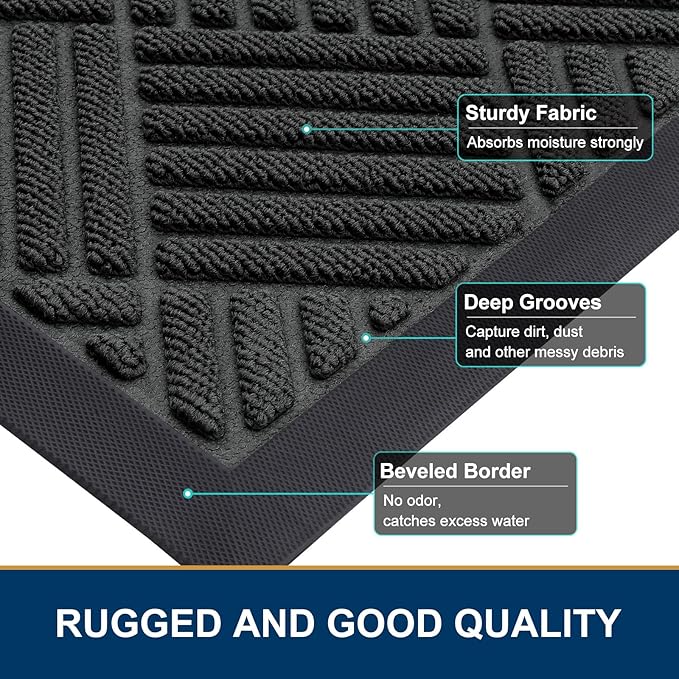 Smiry Front Door Mat Outside Entrance, Heavy Duty Outdoor Indoor Natural Rubber Doormat, Non Slip, Trap Dirt and Moisture, Easy Clean, Low Profile Patio Porch Entryway Mat, 47x32, Black