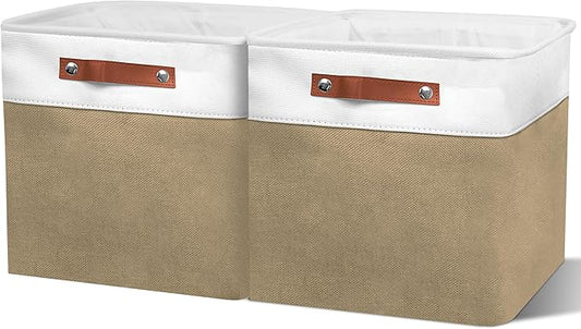 13in Open Fabric Storage Basket with Leather Handles for Organizing, Collapsible Linen Closet Bins for Shelves, Closets, Laundry, Decorative Basket for Gifts. (White＆Khaki, 2PCS/13x13in)