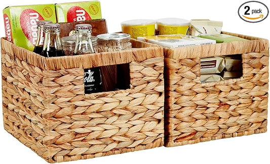 Water Hyacinth Wicker Basket, Decorative Woven Baskets with Built-in Handles, Hand-woven Storage Organizer for Organizing Pantry, Livingroom, Bedroom, Shelves, Toilet(2-PACK, Natural)