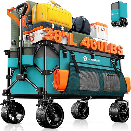 220L Collapsible Wagon Cart Foldable, 460lbs Load Capacity Heavy Duty Folding Beach Wagons with Big All-Terrain Wheels, Utility Carts for Groceries, Camping, Sports - Grey&Turquoise