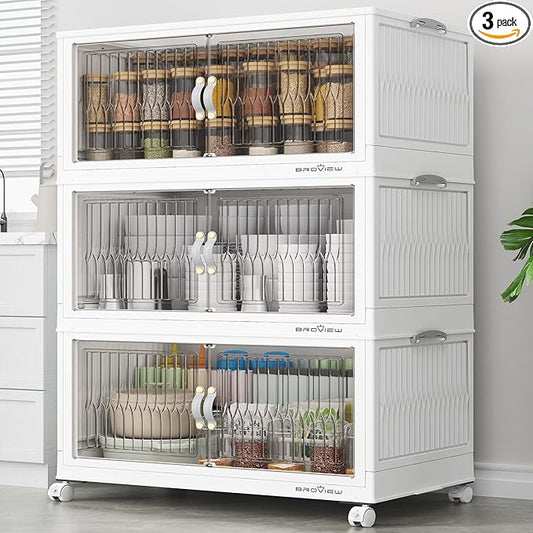 BROVIEW 360Qt Stackable Storage Bins with Lid, Extra Large Closet Organizer Collapsible Drawer Boxes with Wheels, Folding Plastic Cabinet Containers for Home Kitchen Room Organization, 3Pack White