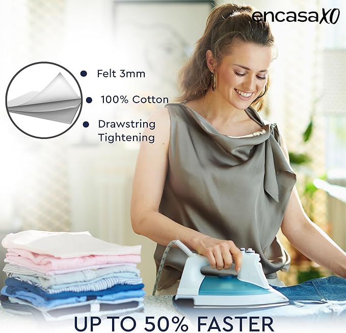 Encasa XO Ironing Board Cover and Pad 57"x22" - Thick 3mm Felt Padding, Drawstring Tightening & Lock, Easy Fit, Scorch & Stain Resistant, Fits X-Large Ironing Board - Daisy Grey
