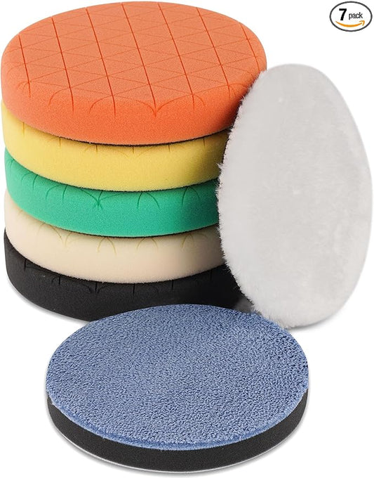 Buffing Polishing Pads, 7Pcs 5.5 Inch 140mm Face for 5Inch 125mm Backing Plate, Car Compound Buffing Sponge Pads and Woolen Pads Cutting Polishing Pad Kit for Car Polishing and Waxing