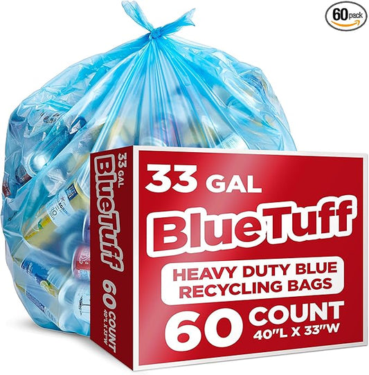 Heavy-Duty Blue Recycling Bags, 60-Pack Blue Garbage Bags For Recycling | 33-Gallon Capacity| Commercial, Industrial or Home Use