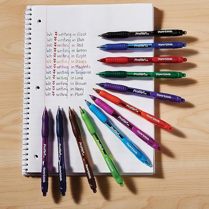 Paper Mate Profile Retractable Ballpoint Pens Bold, 1.4mm, Assorted Colors, 12 Count - Back to School, Home, Office, Teacher Supplies