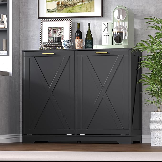 Tilt Out Trash Can Cabinet for 2 Bins, Hidden Recycle Garbage Bin Enclosure, Wooden Double Laundry Cabinet with Odor Control, Negative Ion & Ozone, for Kitchen, Bathroom, Laundry Room