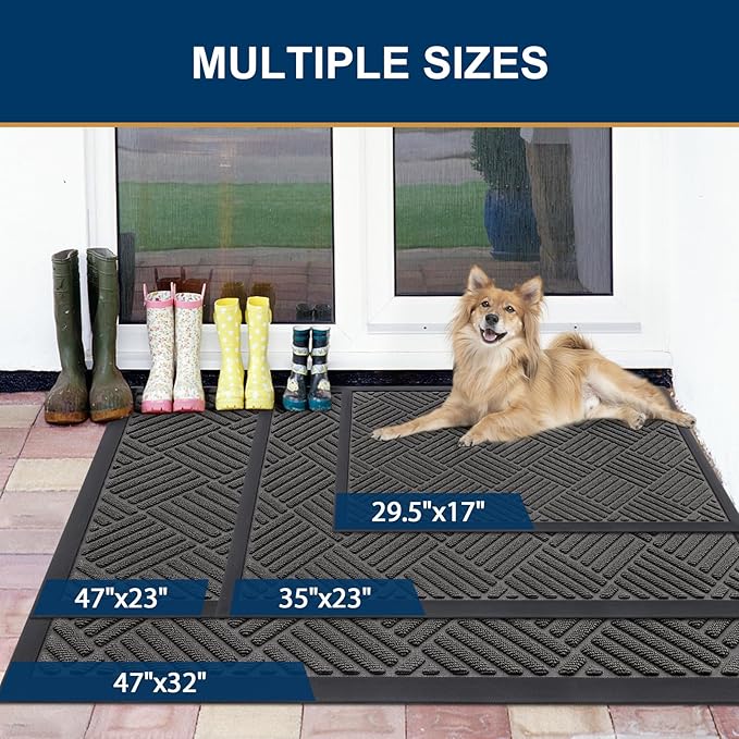 Smiry Front Door Mat Outside Entrance, Heavy Duty Outdoor Indoor Natural Rubber Doormat, Non Slip, Trap Dirt and Moisture, Easy Clean, Low Profile Patio Porch Entryway Mat, 59x35, Grey