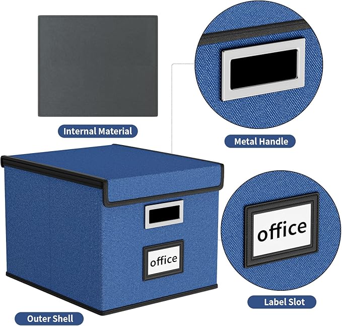 Huolewa Decorative File Organizer Box Office Document Storage with Lid, Portable Collapsible Linen Hanging Filing & Storage Boxes for Office/Decor/Home (Royal Blue) - 14.9 x 12.7 x 10.8 inch - 1Pack