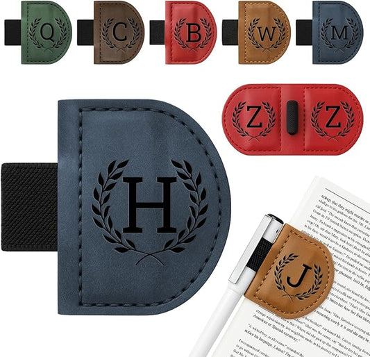 Personalized Bygone Mark Bookmark with Pen Holder,Engraving Leather Magnetic Bookmarks Vintage 26 Letters Name Initials Text Book Marker Clips Gifts for Reading Book Lovers Women (Blue, H)