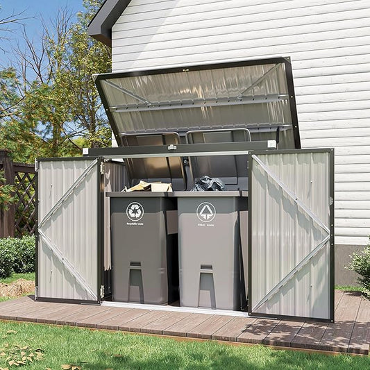 Aoxun 80 CU.FT Outdoor Storage Shed Metal Trash Can Storage with Chain Lid Waterproof Outdoor Garbage Can Organizer, Ideal for 2 Trash Bins, Toys, Garden Tools (Black)