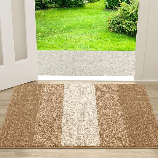 Kitinjoy Indoor Outdoor Door Mat, 30x17 Non-Slip Absorbent Dirt Trapper, Low-Profile Washable Inside Entrance Front Floor Mat, Sturdy Soft Entry Doormats for Entryway, Camel