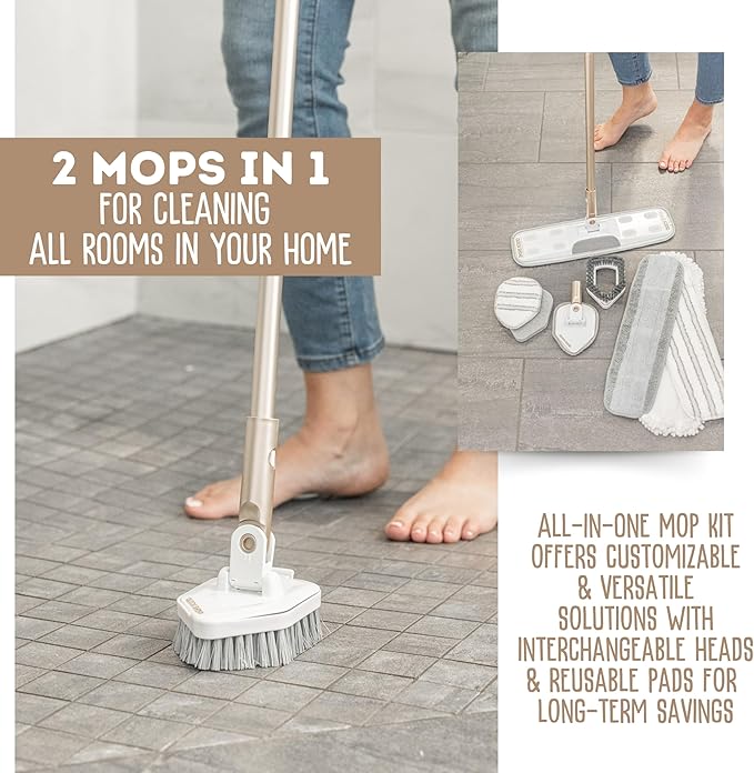 Quick Shine Ultimate Gold Clean + Polish Mop Kit | All-in-One 11 Pc Kit w/Interchangeable Attachments | Cleaner & Polish Included | No Batteries Needed | All Floors Pro Cleaning System | 2-in-1 Mop