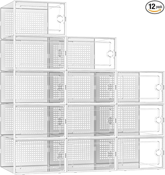 Kuject X-Large Shoe Storage Boxes Organizers Clear Plastic Stackable 12 Pack, Shoe Rack & Holder Substitute, Sneaker Containers, Toy Storage Organizer Bins for Entryway, Closet, Under Bed, White