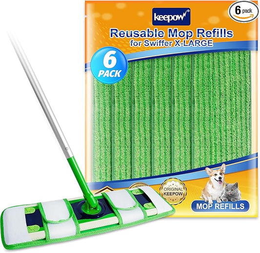 KEEPOW XL Mop Pads Compatible with Swiffer Sweeper XL, 6 Pack Wet Pads Refills Dry Sweeping Cloths, Reusable Pads for X-Large