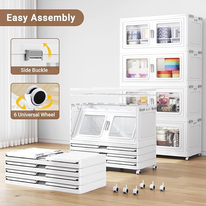 BROVIEW 300 Qt Stackable Storage Bin with Lid, 75Gal Extra Large Collapsible Storage Boxes, Folding Plastic Drawer, Heavy-Duty Store Cabinet, Closet Organizer for Home Kitchen, 1 Pack White