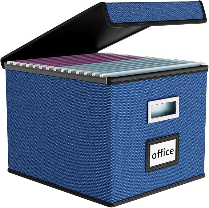 Huolewa Decorative File Organizer Box Office Document Storage with Lid, Portable Collapsible Linen Hanging Filing & Storage Boxes for Office/Decor/Home (Royal Blue) - 14.9 x 12.7 x 10.8 inch - 1Pack