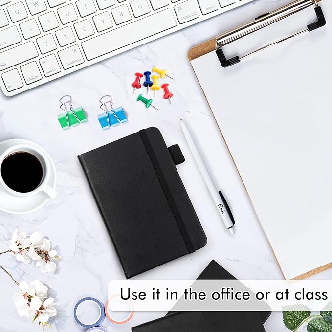 feela 6 Pack Pocket Mini Notebooks Bulk, Small Cute Memo Notepads Hardcover College Ruled Lined Journals with Pen Holder for School Business Work, with 6 Black Pens, 3.5”x 5.5”, A6, Black