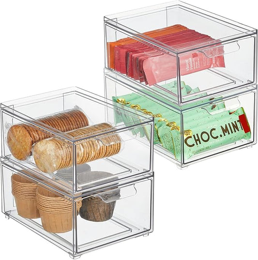 mDesign Stackable Storage Containers Box with Pull-Out Drawer - Stacking Plastic Drawers Bins for Kitchen Pantry and Cupboard, Cabinet, Counter, Island and Tables - Lumiere Collection - 4 Pack - Clear